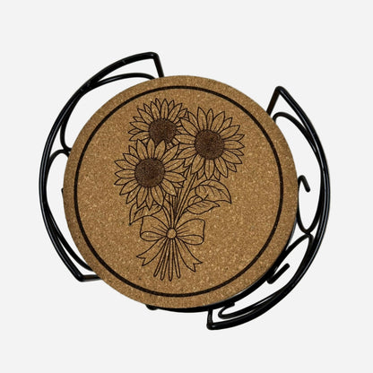 Floral Round Cork Coasters 8 Piece Set with Holder