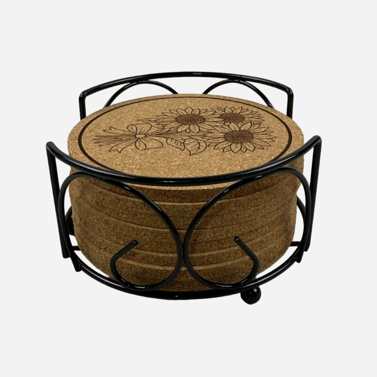 Floral Round Cork Coasters 8 Piece Set with Holder