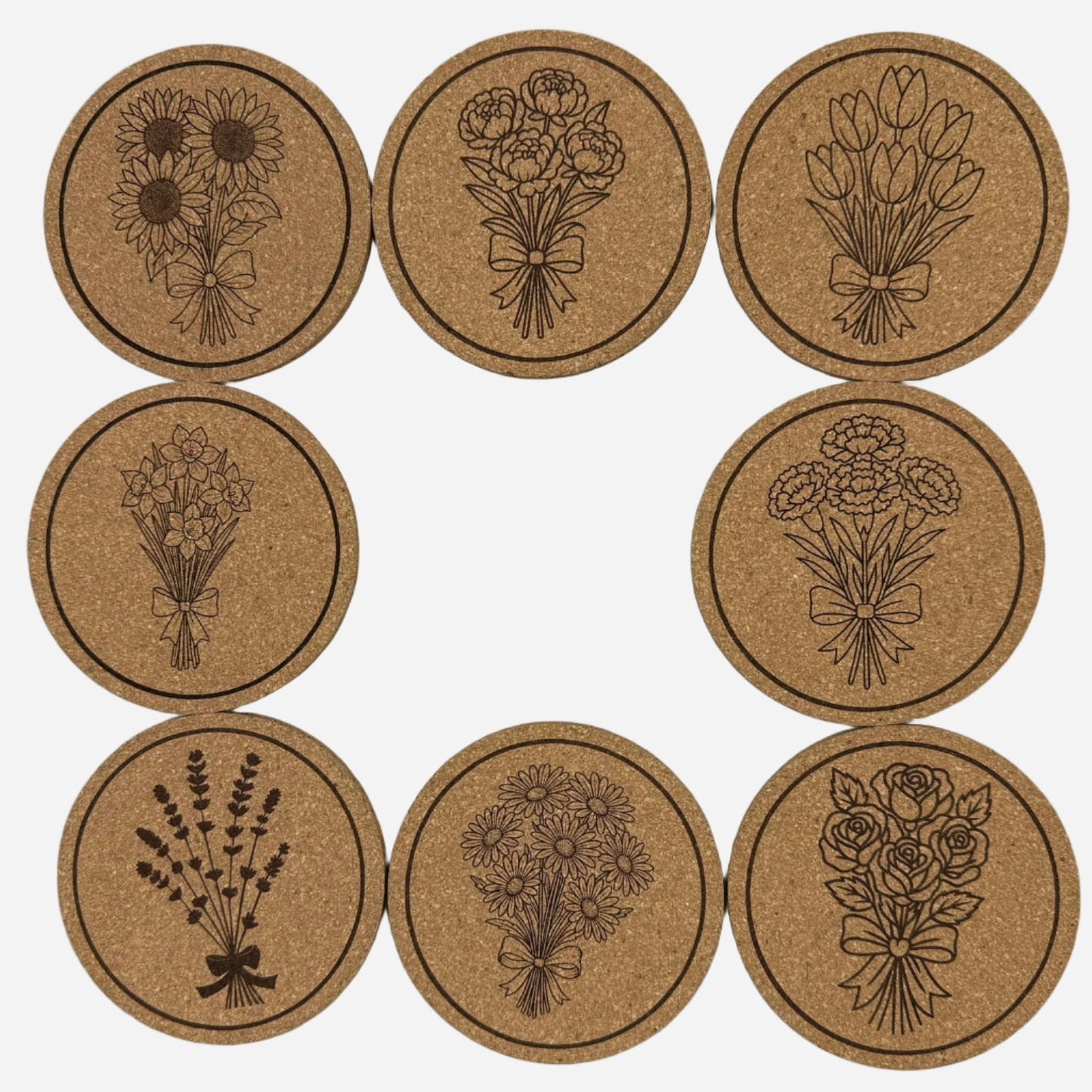 Floral Round Cork Coasters 8 Piece Set with Holder