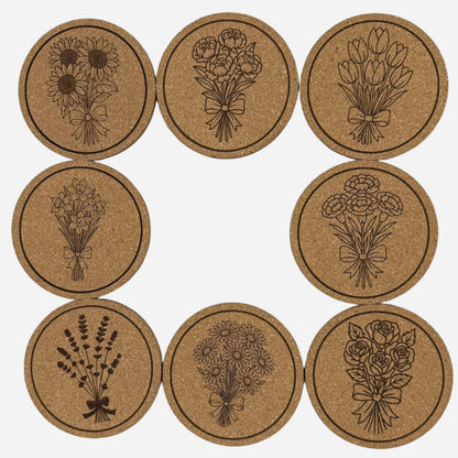 Floral Round Cork Coasters 8 Piece Set with Holder