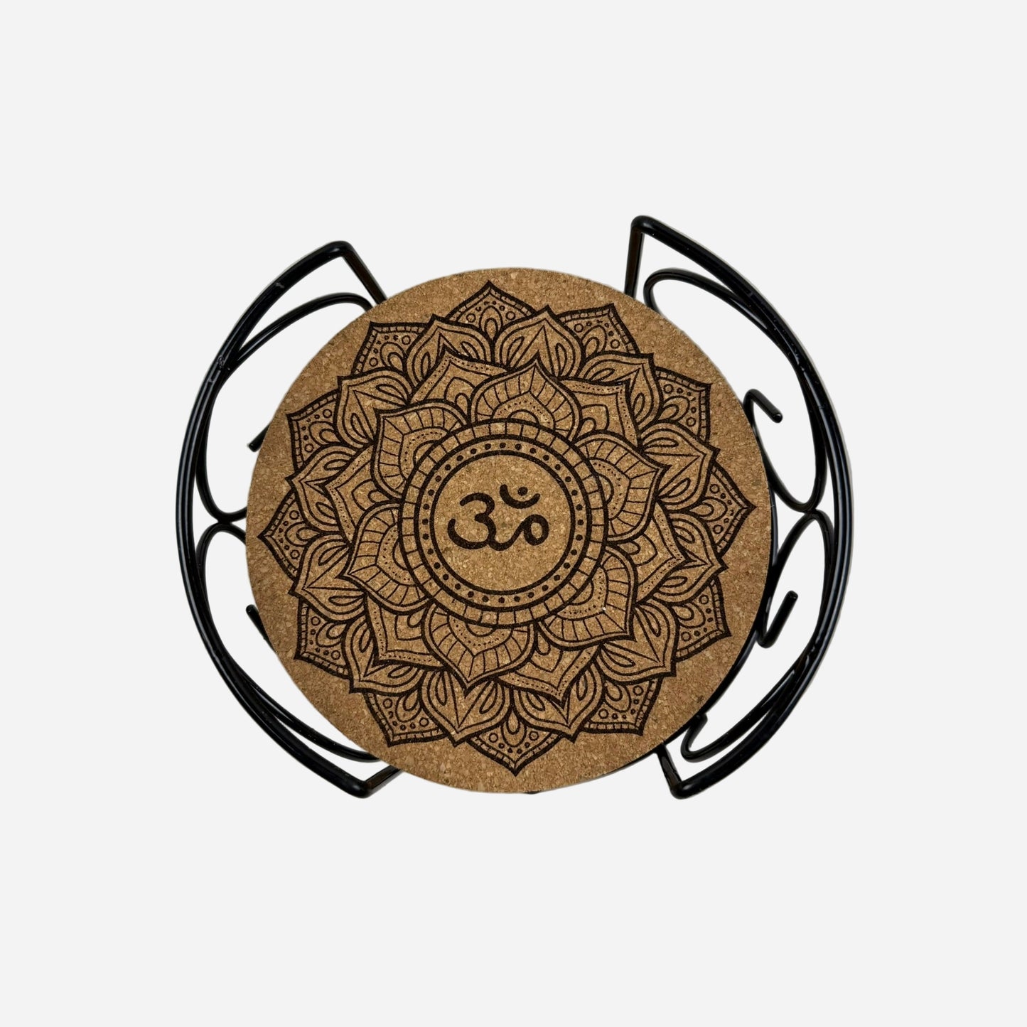 Ayurveda  Cork Coasters 7  Piece Set with Black Holder