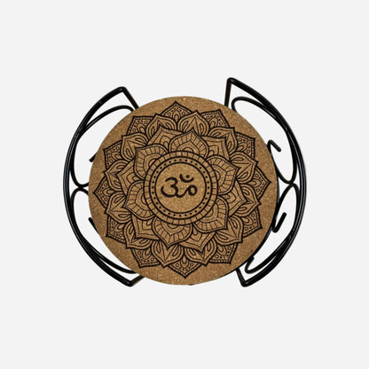 Ayurveda  Cork Coasters 7  Piece Set with Black Holder