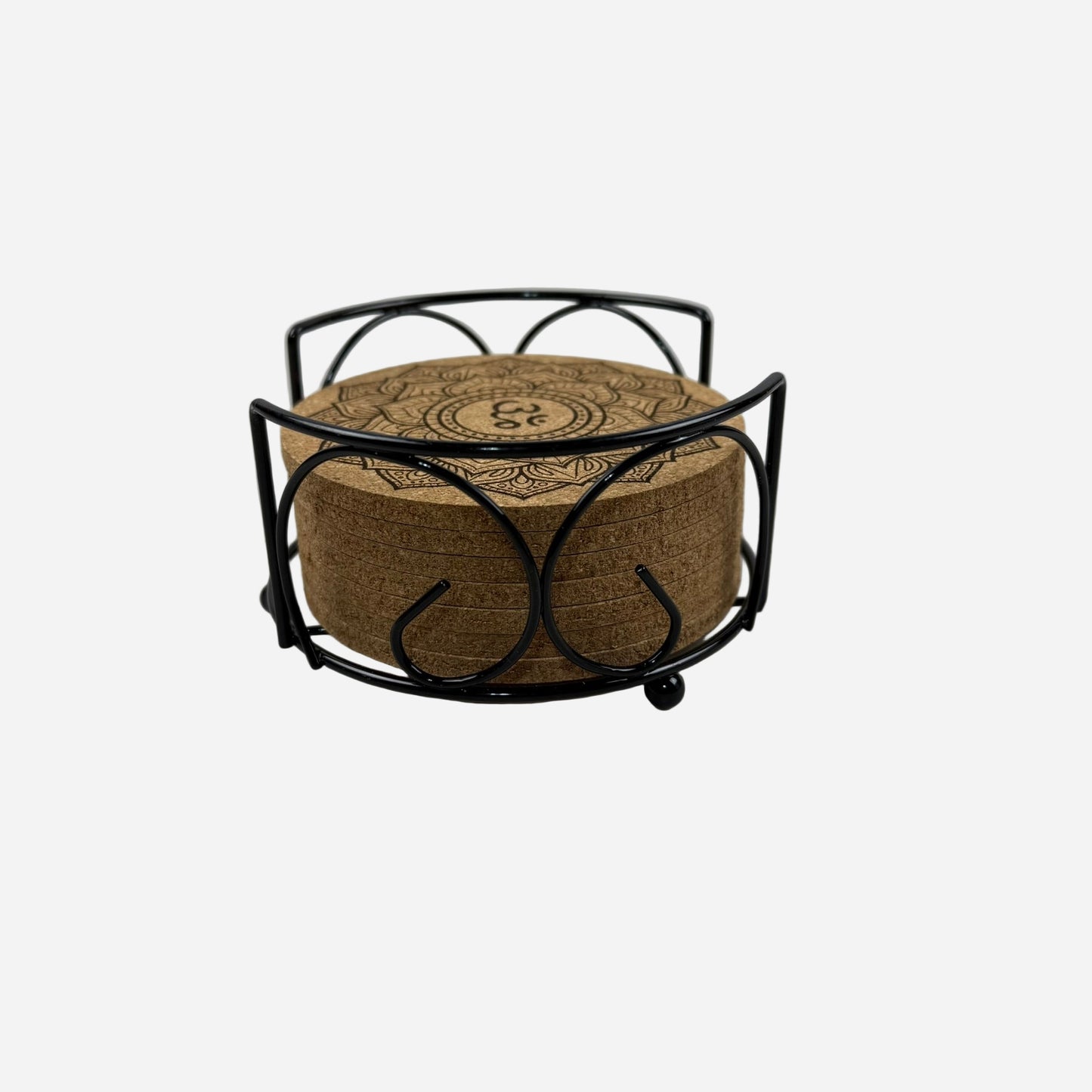 Ayurveda  Cork Coasters 7  Piece Set with Black Holder