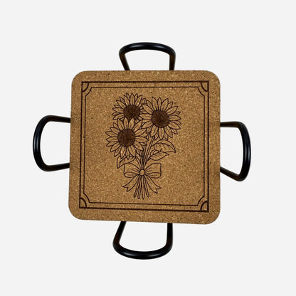 Floral Square Cork Coasters 8 Piece Set with Black Holder