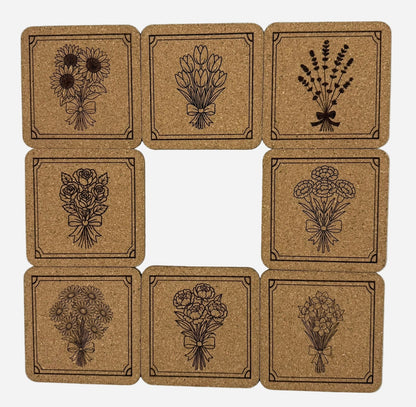 Floral Square Cork Coasters 8 Piece Set with Black Holder