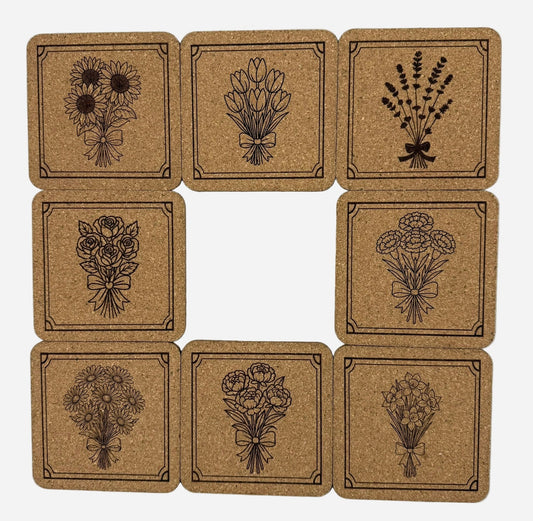Floral Square Cork Coasters 8 Piece Set with Black Holder