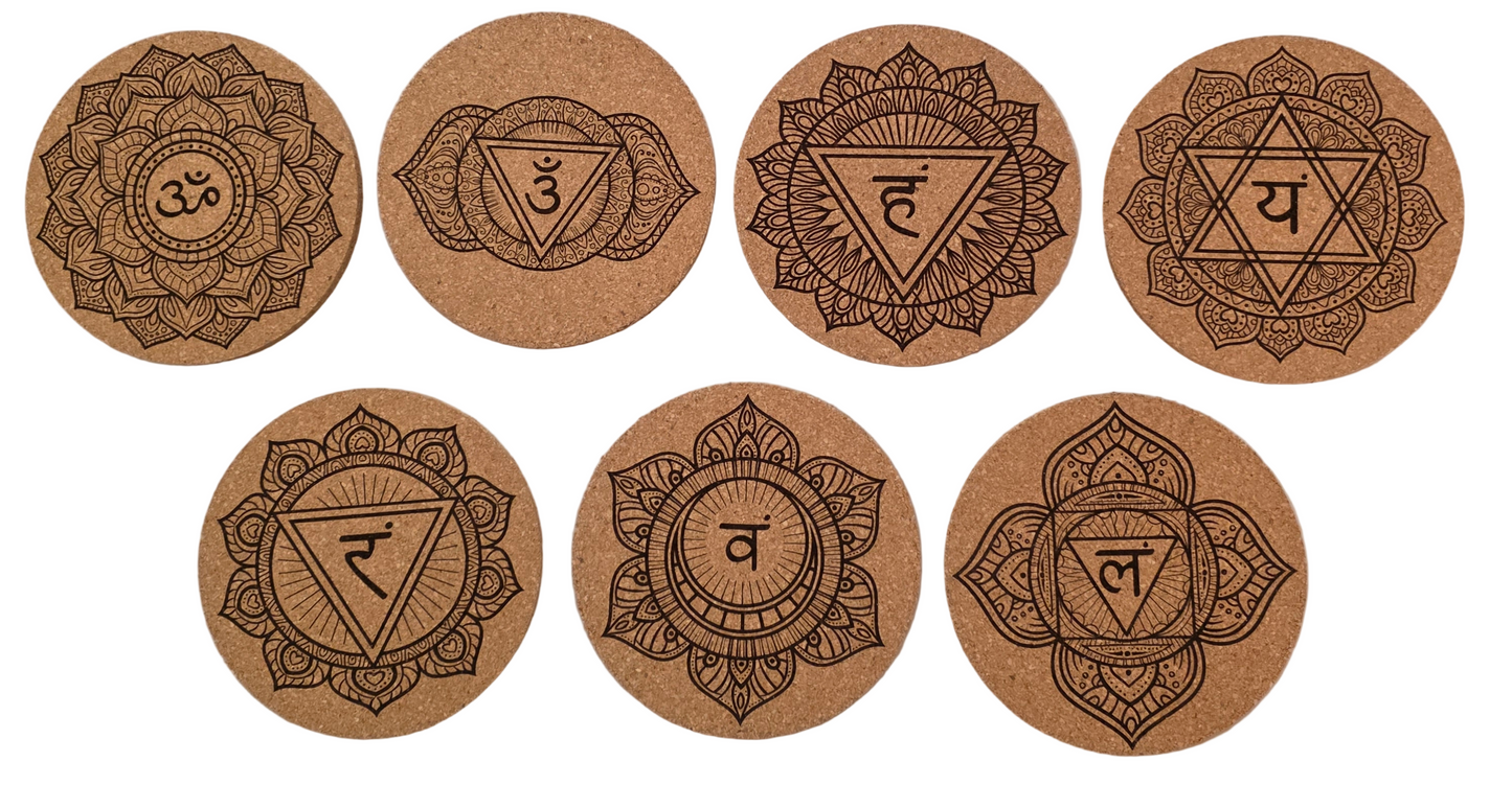 Ayurveda  Cork Coasters 7  Piece Set with Holder - Manufactured in the USA