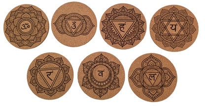 Ayurveda  Cork Coasters 7  Piece Set with Holder - Manufactured in the USA