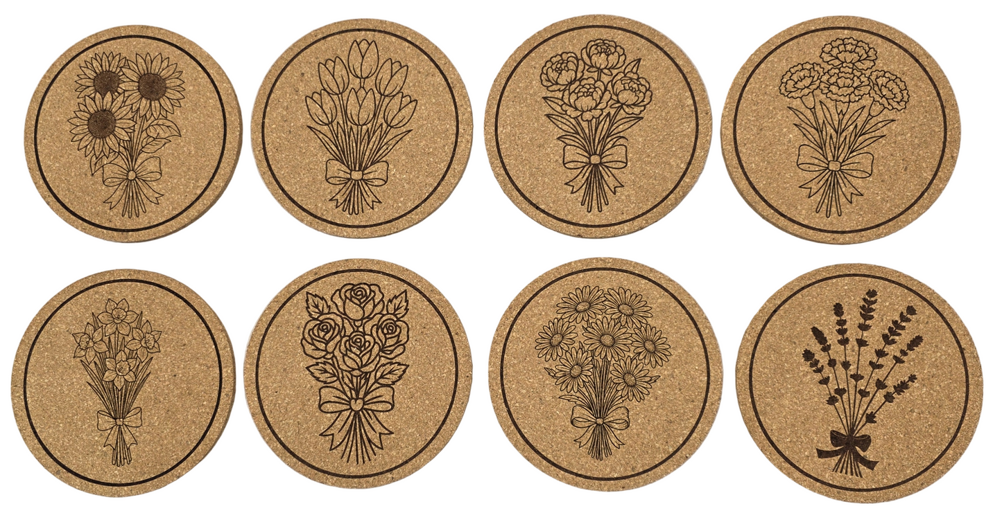 Floral Round Cork Coasters 8 Piece Set with Holder - Manufactured in the USA