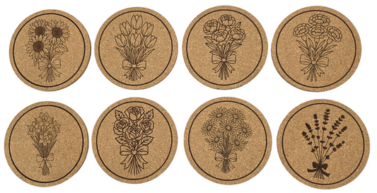 Floral Round Cork Coasters 8 Piece Set with Holder - Manufactured in the USA
