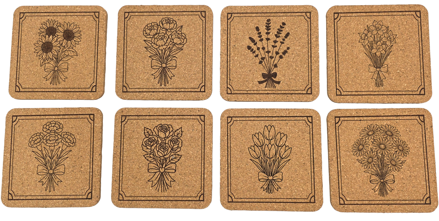Floral Square Cork Coasters 8 Piece Set with Holder - Manufactured in the USA