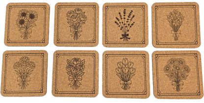Floral Square Cork Coasters 8 Piece Set with Holder - Manufactured in the USA