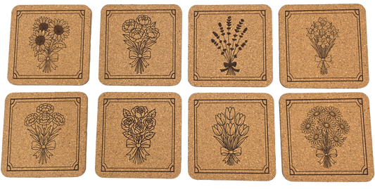 Floral Square Cork Coasters 8 Piece Set with Holder - Manufactured in the USA