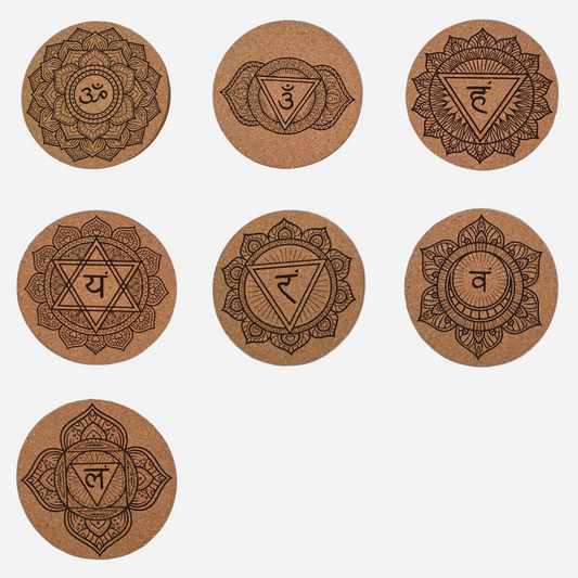Ayurveda  Cork Coasters 7  Piece Set with Black Holder