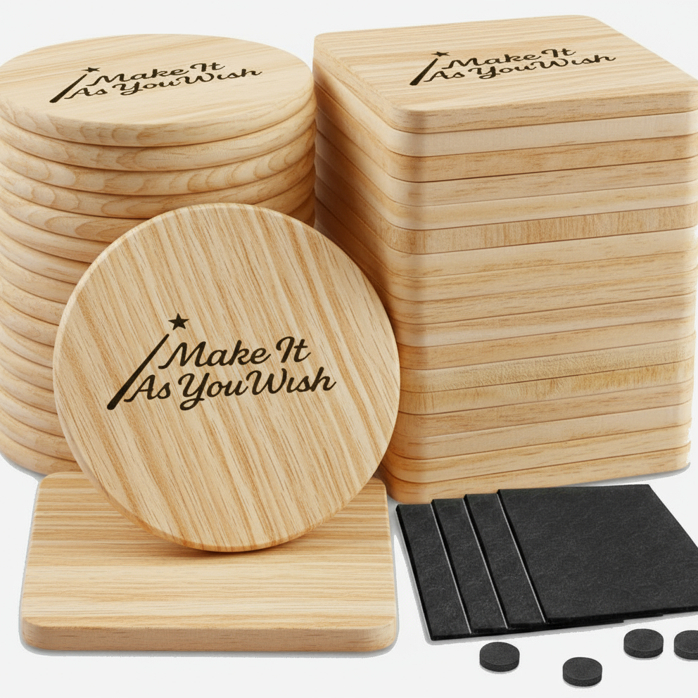 Personalized Set of 4  Round or Square Pine Wood Coasters Including Black Metal Holder