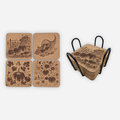 Festive Fall and Thanksgiving Cork Coasters Set of 8 with Black Holder