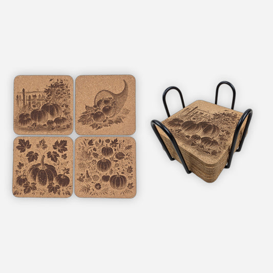 Festive Fall and Thanksgiving Cork Coasters Set of 8 with Black Holder
